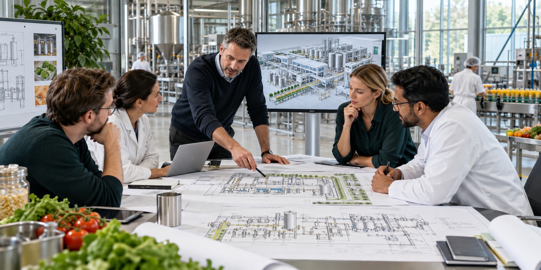 Engineeringteam bespreekt ontwerp van een food fabriek