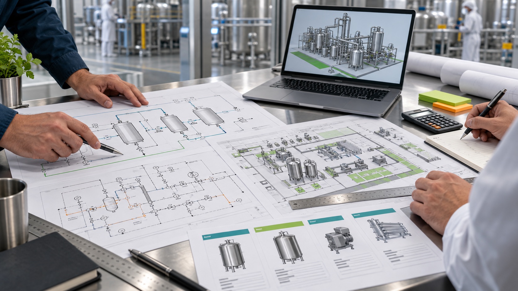 Engineers werken aan P&ID, factory layout en kostenraming voor een food fabriek