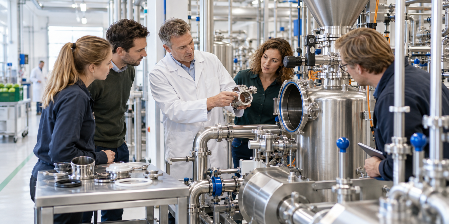 Kleine groep professionals inspecteert hygiënische procesapparatuur in een food pilot plant