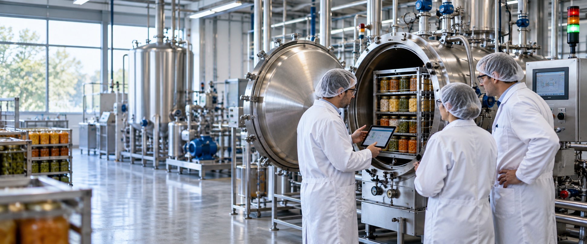 Food professionals bespreken sterilisatie en pasteurisatie rond thermische procesapparatuur